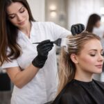 air stylist applying Hair Botox treatment to a woman in a professional salon setting