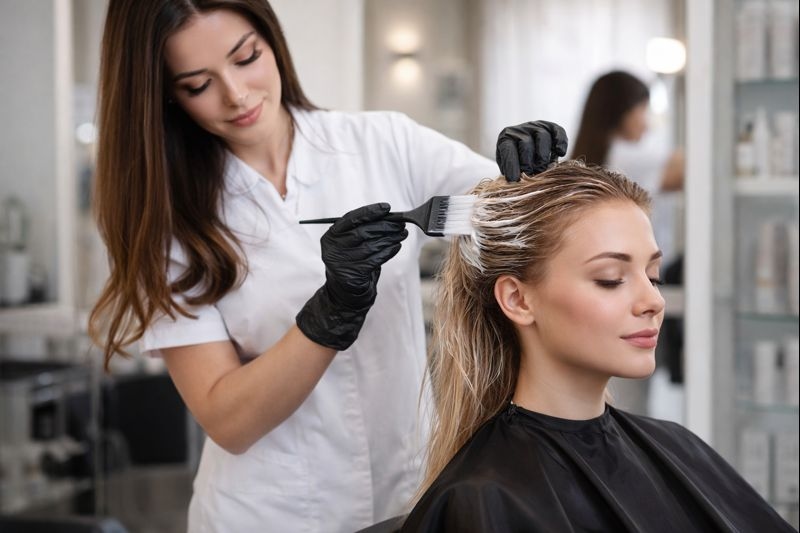 air stylist applying Hair Botox treatment to a woman in a professional salon setting