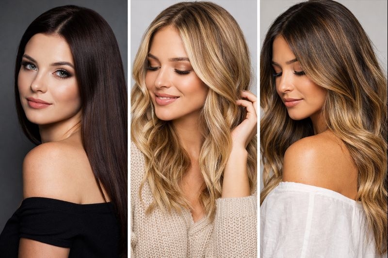 Comparison of hair colouring technique showing global hair colour, highlights, and balayage on three women