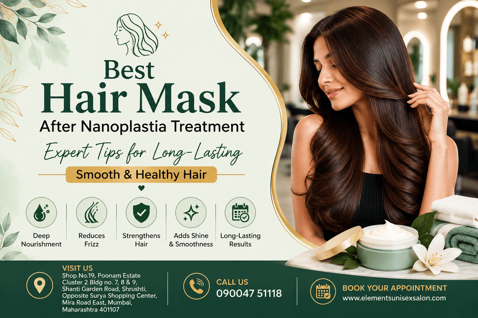 Best hair mask after nanoplastia treatment for smooth, shiny and healthy hair at Elements Unisex Salon