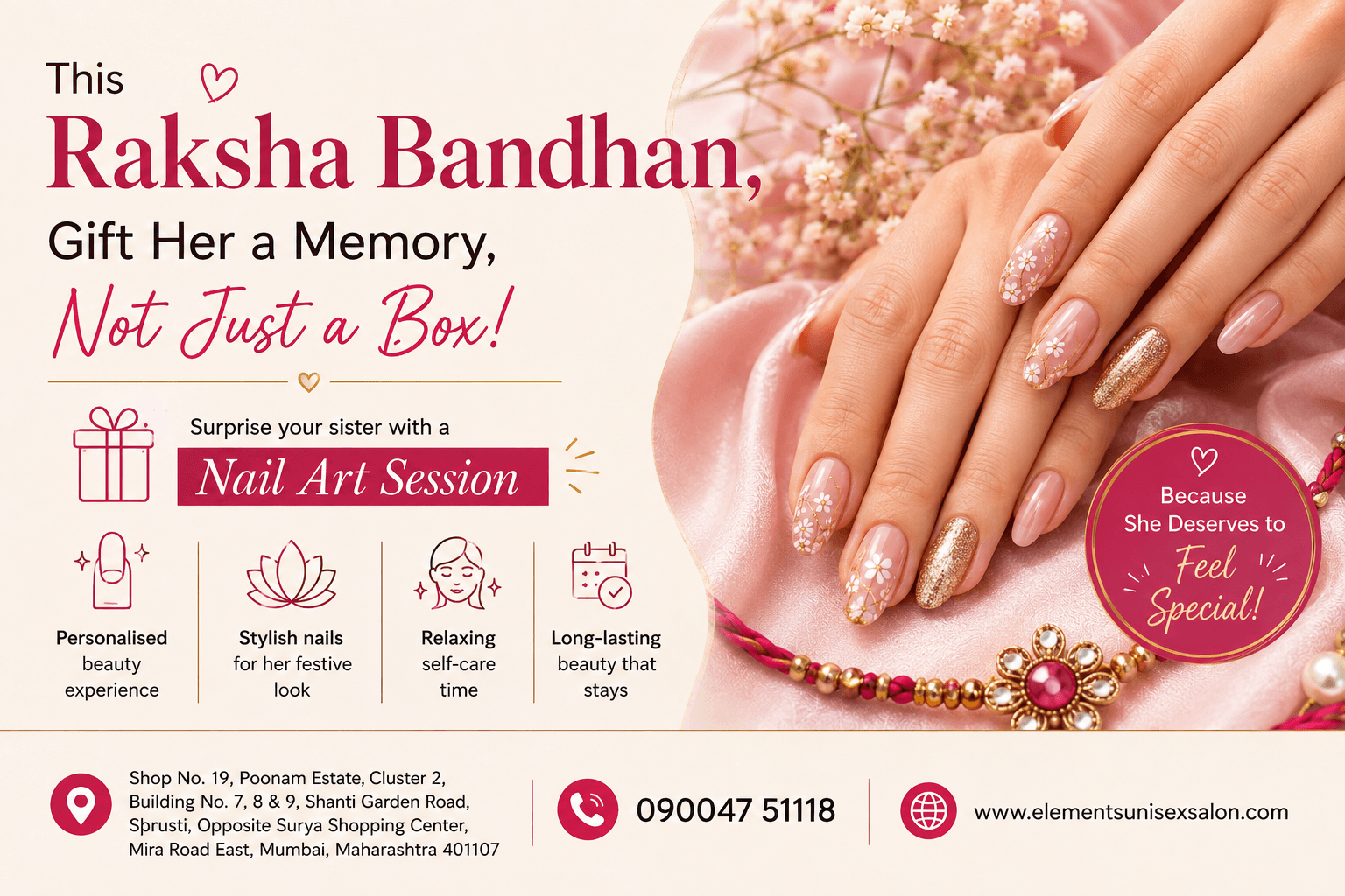 Best Rakhi gift ideas for sister featuring festive nail art session at Elements Unisex Salon in Mira Road