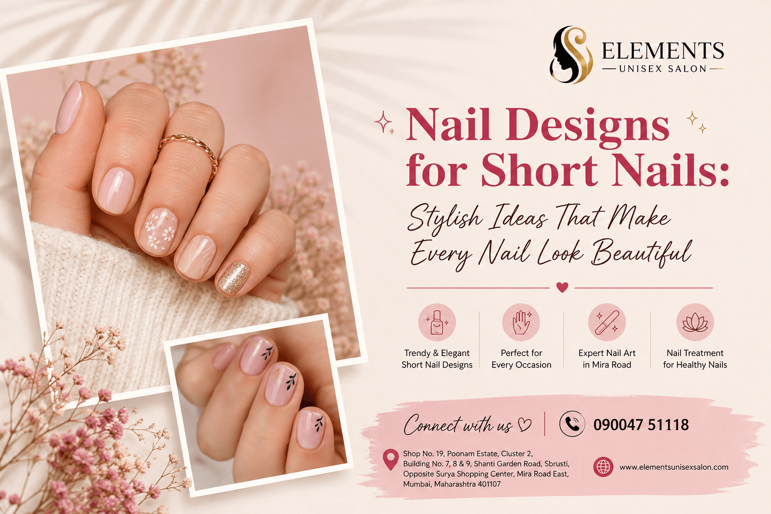 Stylish nail designs for short nails at Elements Unisex Salon in Mira Road