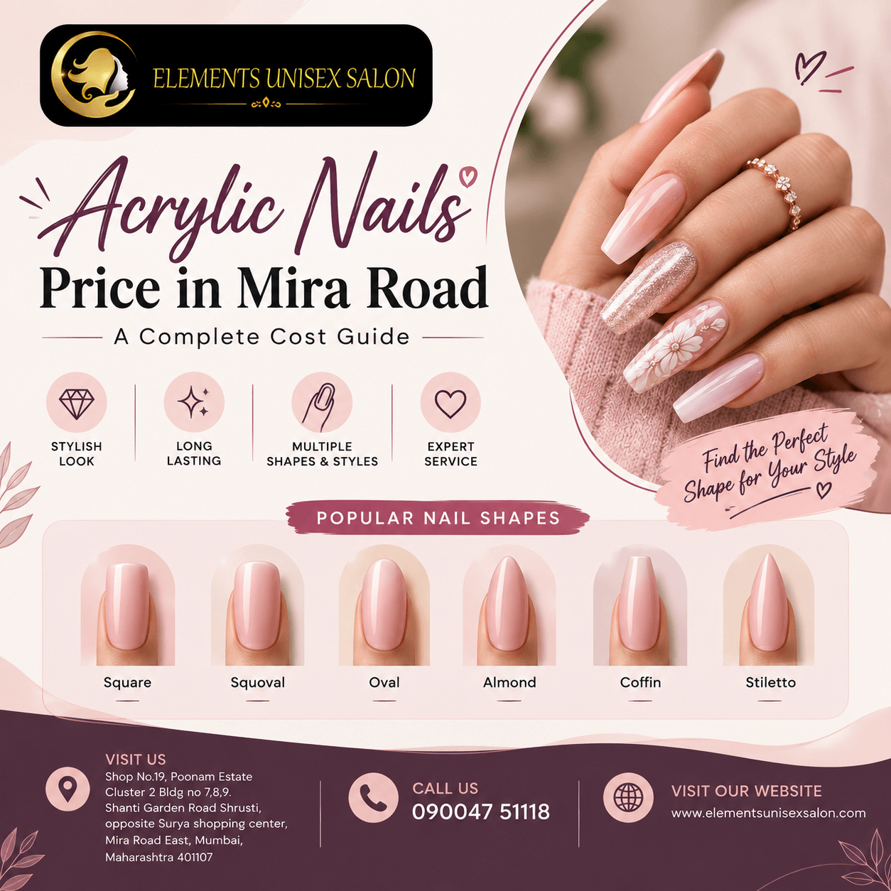 Acrylic nail extensions with nail art at Elements Unisex Salon in Mira Road
