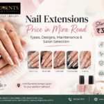 Nail extensions starting at ₹399 at Elements Unisex Salon in Mira Road, featuring French tips, nude nails, glitter, chrome and floral nail art designs.