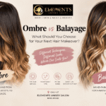 Ombre vs balayage hair colour comparison at Elements Unisex Salon in Mira Road, showcasing dark-to-light ombre and blended balayage highlights.